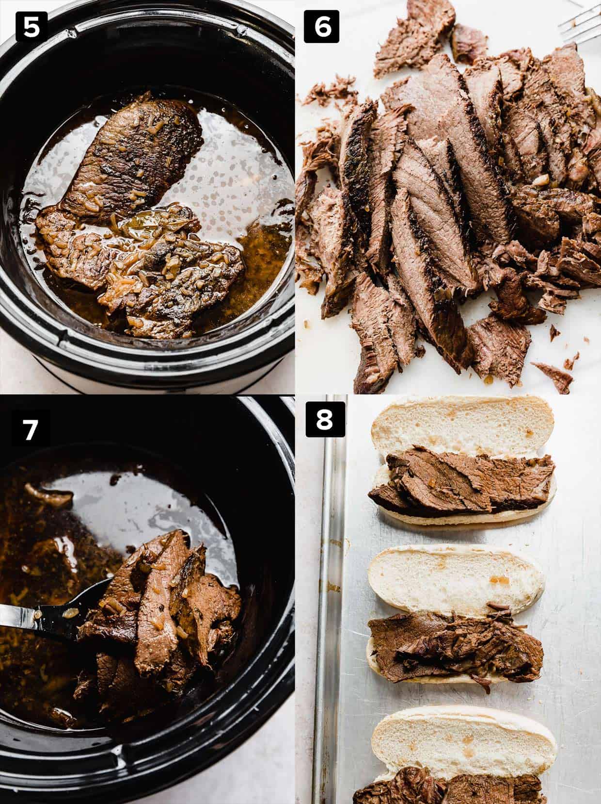 A four image photo collage of how to make Slow Cooker French Dip Sandwiches in a crock pot.