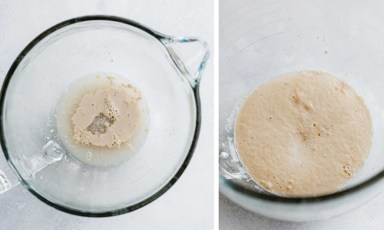 A collage of two photos, one shows the yeast and water in a bowl with no foam. The other photo shows the yeast having proofed and foamed up.