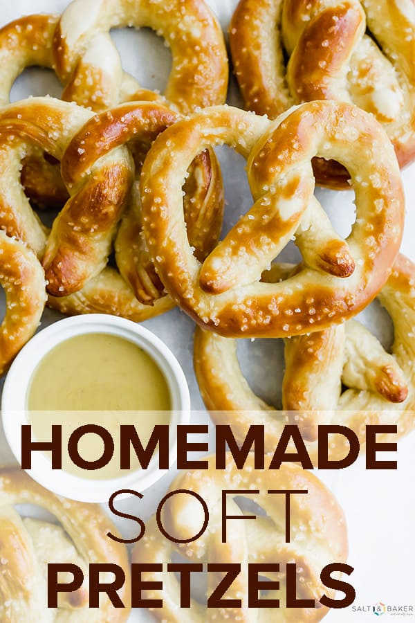 These homemade pretzels are ultra soft, buttery, and easy to make! Serve the pretzels with my honey dijon dipping sauce and watch them disappear almost instantly! #saltandbaker #homemadepretzels #pretzels #homemadebread #dippingsauce #mustardsauce #easyrecipes