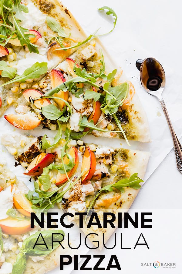 This Nectarine Arugula Pizza with Balsamic Drizzle is exploding with flavors! Topped with diced onions, chicken, ricotta, nectarines, arugula, and a balsamic reduction this pizza couldn't get any better! The flavors marry together for a beautiful combination that will keep you coming back for more! #saltandbaker #pizza #arugulapizza #pizzarecipes #nectarines #balsamicreduction
