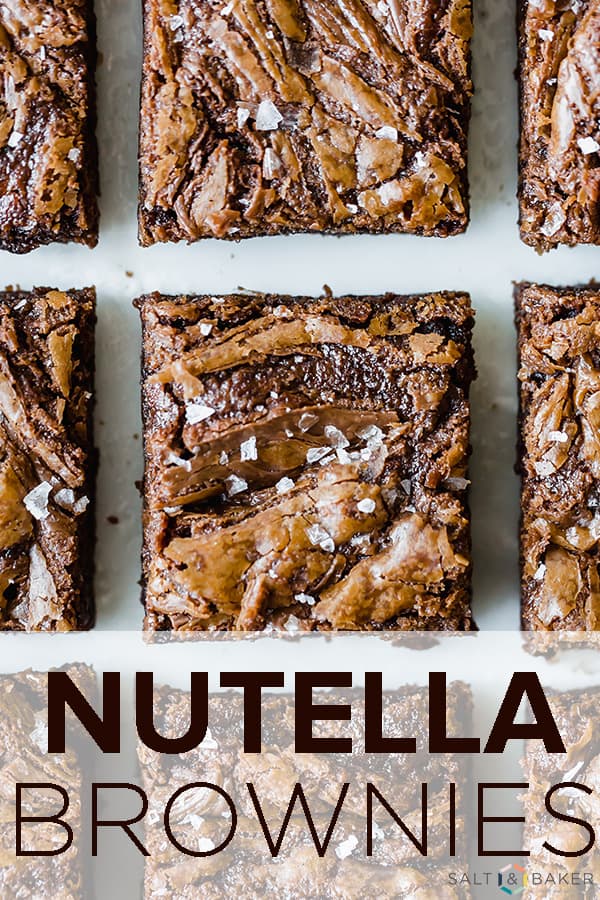 The ultimate Nutella Brownie! This brownie is packed with Nutella and melty chocolate chips. It's a thick, soft, chewy brownie that's impossible to resist! Get the full recipe at saltandbaker.com #saltandbaker #nutella #nutellabrownie #brownie #brownierecipe #nutellarecipe