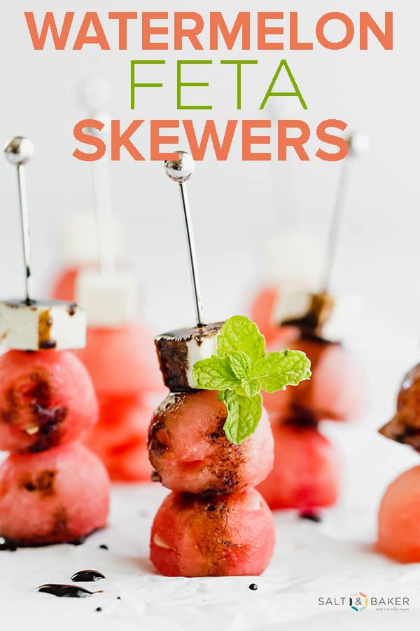 Watermelon Feta Skewers are refreshing and undeniably satisfying! The salty feta cheese paired with the sweet watermelon is a match made in heaven! #saltandbaker #watermelon #summerappetizers #summerfood #fingerfood #partyfood #balsamicreduction