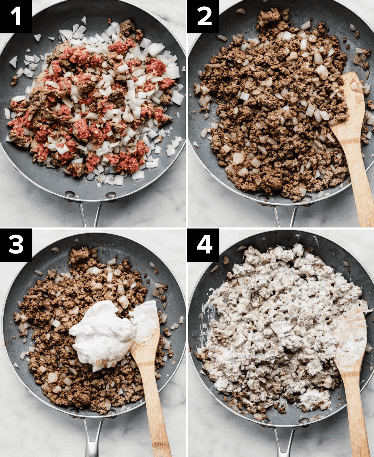 Four images showing a skillet with raw ground beef and diced onions, then cooking the meat, and adding sour cream and mixing it together.