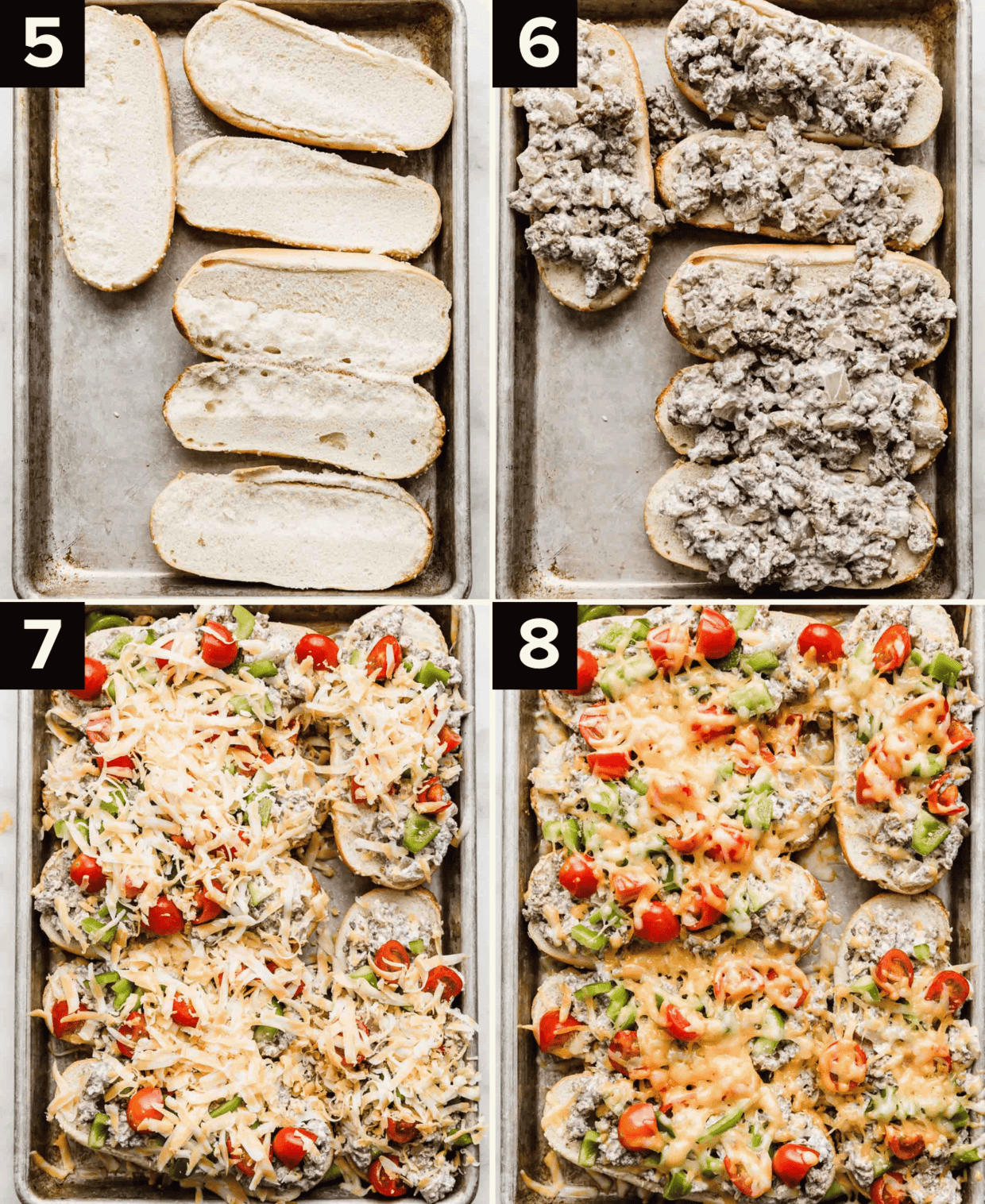 Four images: top left is hoagie bun halves on a baking sheet, top right image is beef stroganoff mixture on top of the bread halves, bottom left image is the buns and meat topped with tomatoes, green peppers, and shredded cheese, bottom right image is the Beef Stroganoff Sandwiches baked.