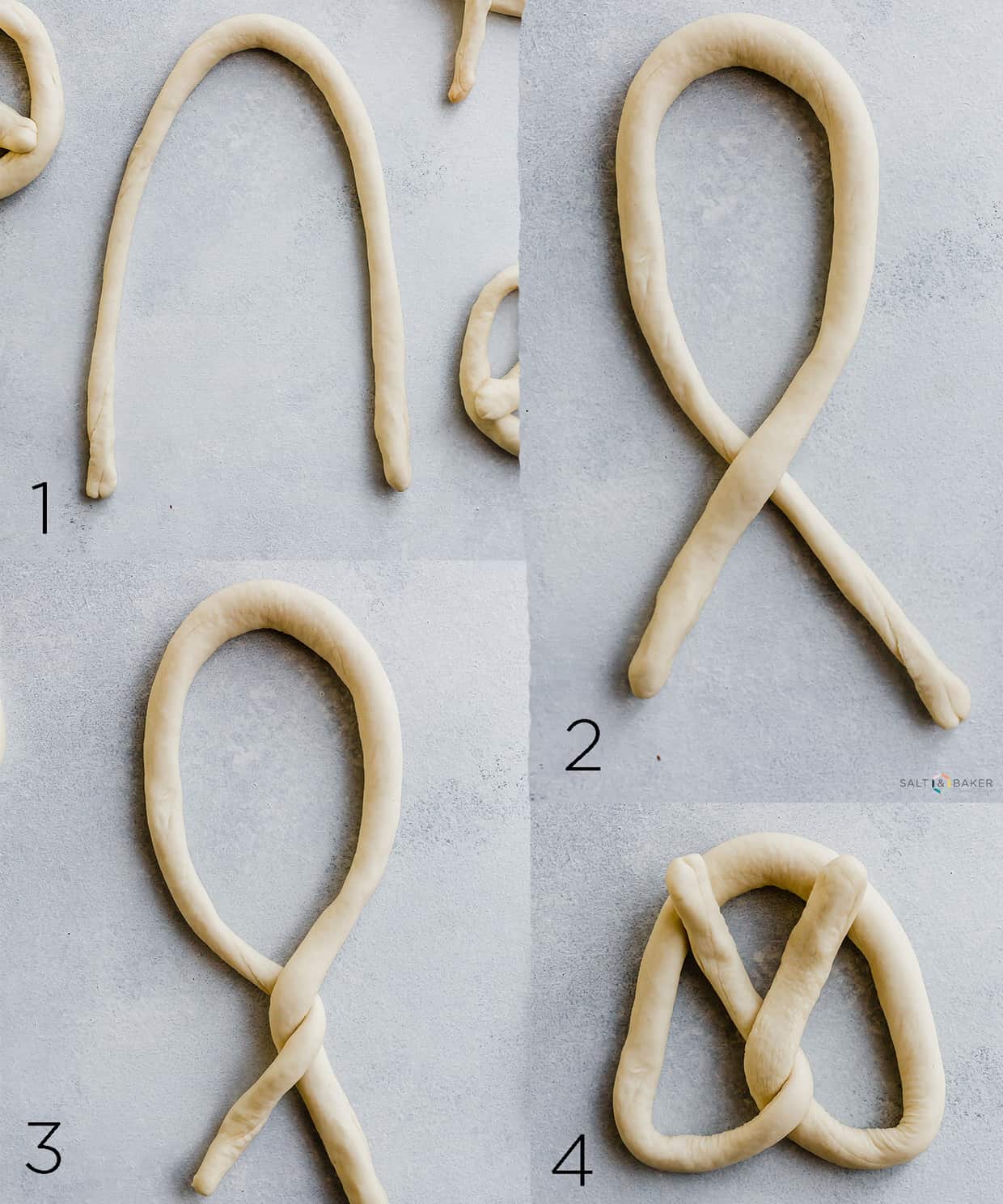 A collage of four photos showing the steps it takes to twist a rope of dough into a pretzel.