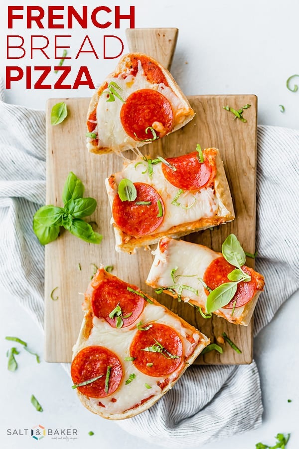 French Bread Pizza is a perfect meal for those crazy weeknights! #saltandbaker #pizza #frenchbreadpizza #easydinner #dinnerideas