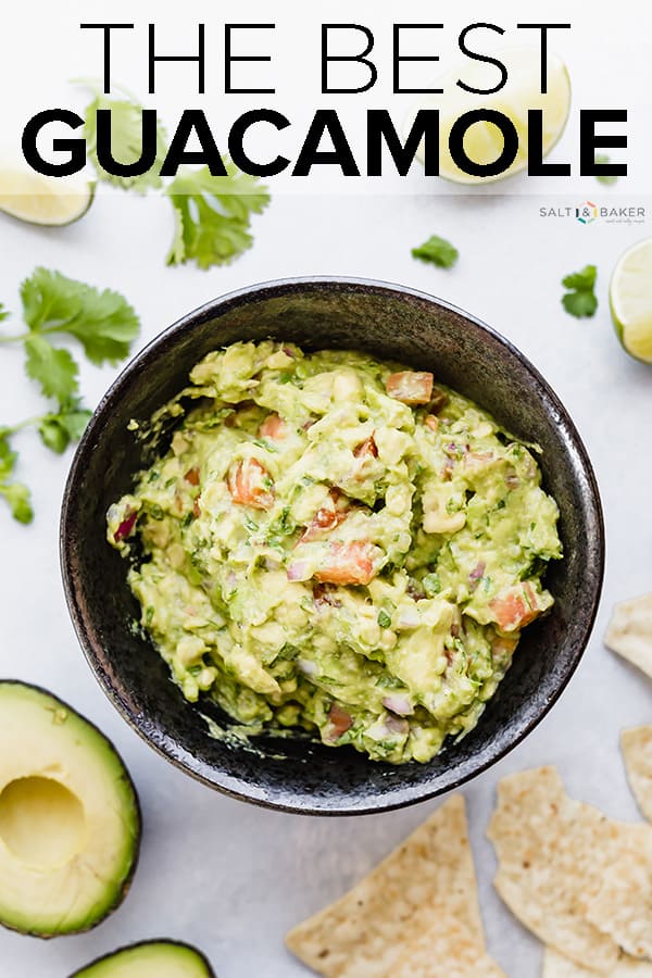 Simple ingredients come together to make something that tastes absolutely delicious! Loaded with perfectly ripe avocados, cilantro, tomatoes, garlic, and onion, this guacamole recipe is absolute perfection! #saltandbaker #guacamole #chipdip #avocados