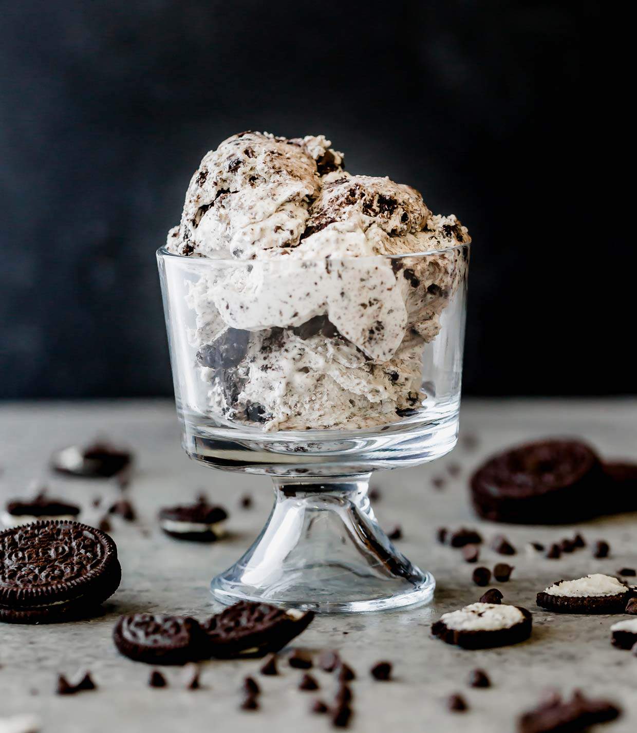 A glass bowl with homemade Oreo Ice Cream in it.