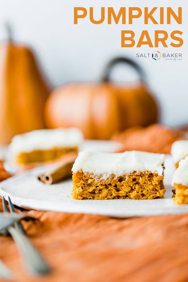 These delicious Pumpkin Bars are moist, packed with amazing pumpkin flavor, and topped with a silky smooth cream cheese frosting. #saltandbaker #pumpkin #pumpkinbars #pumpkinsheetcake #pumpkincake #pumpkineverything #pumpkindesserts