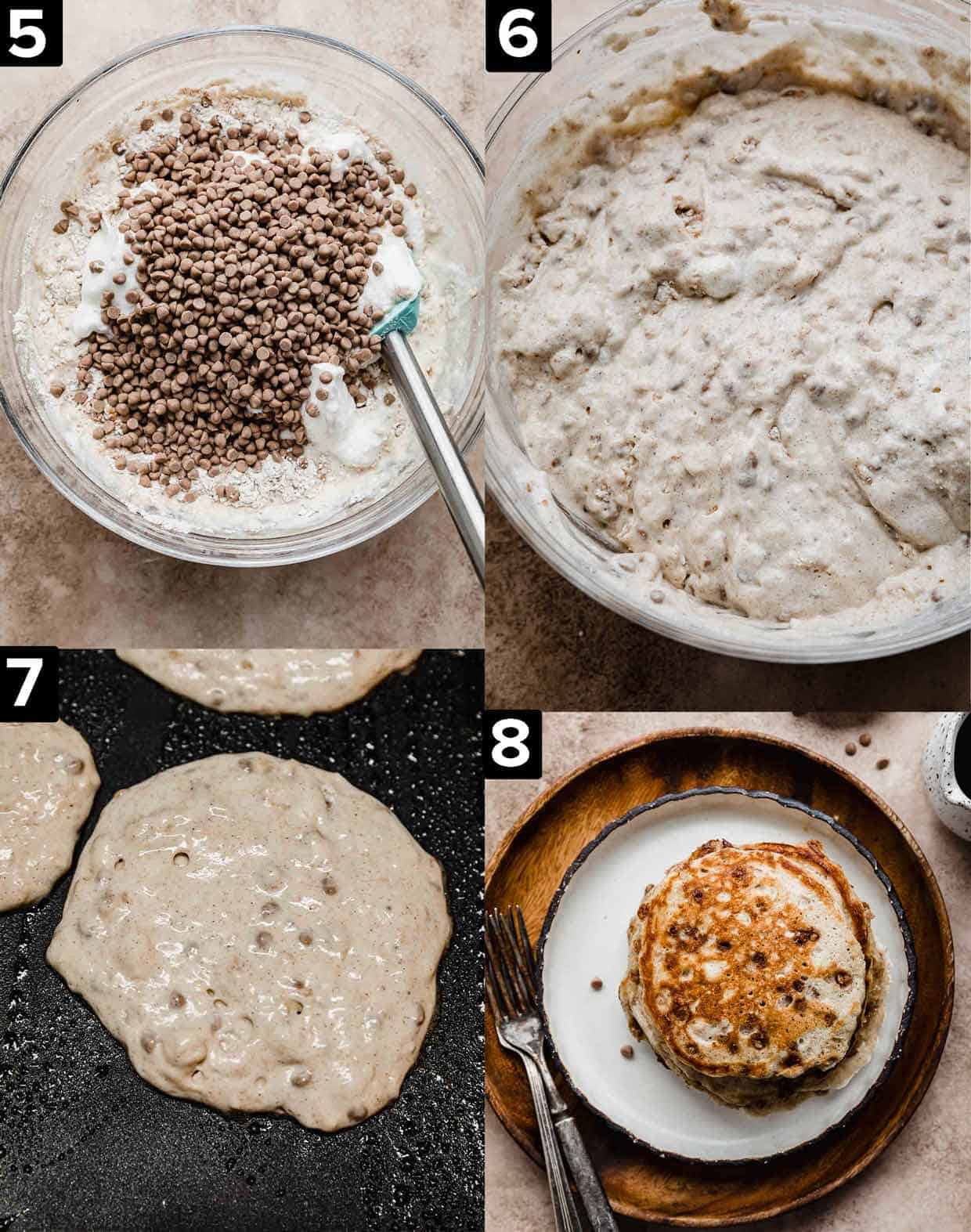 Four images, top left has mini cinnamon chips overtop a pancake batter, top right is Cinnamon Chip Pancake batter in glass bowl. Bottom right is a cinnamon pancake cooked on a black griddle, bottom right is a stack of Cinnamon Chip Pancakes on a white plate.