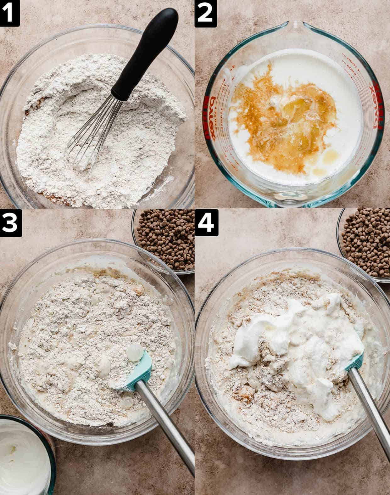 Four images showing how to make pancakes with cinnamon chips, a large glass bowl with dry ingredients and then wet ingredients mixed in.