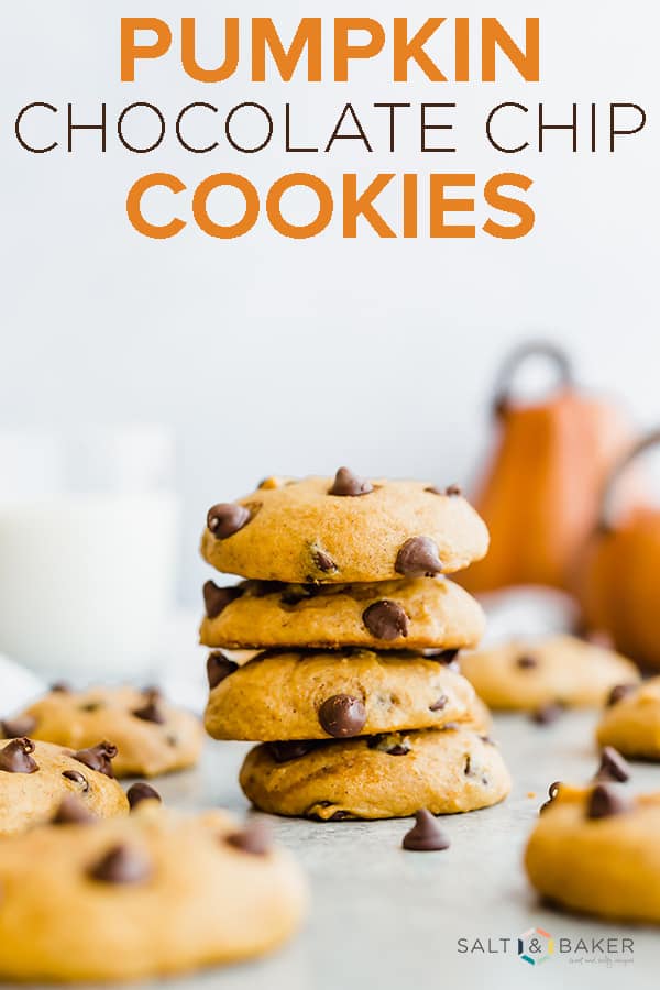 Moist, pillowy soft, and FLAVORFUL pumpkin cookies loaded with delicious chocolate chips! These cookies are a family favorite and perfect for fall! #saltandbaker #pumpkin #cookies #pumpkinrecipes #pumpkincookies #everythingpumpkin #pumpkinchocolatechip
