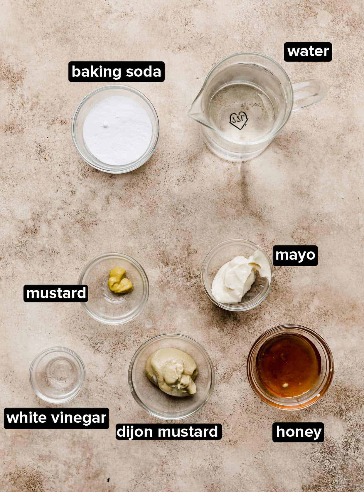 Ingredients used to make the baking soda bath for pretzels and a homemade dijon mustard dip.