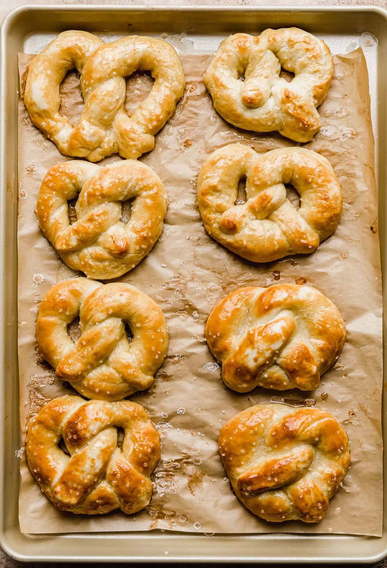Baked Homemade Soft Pretzels on a baking sheet.
