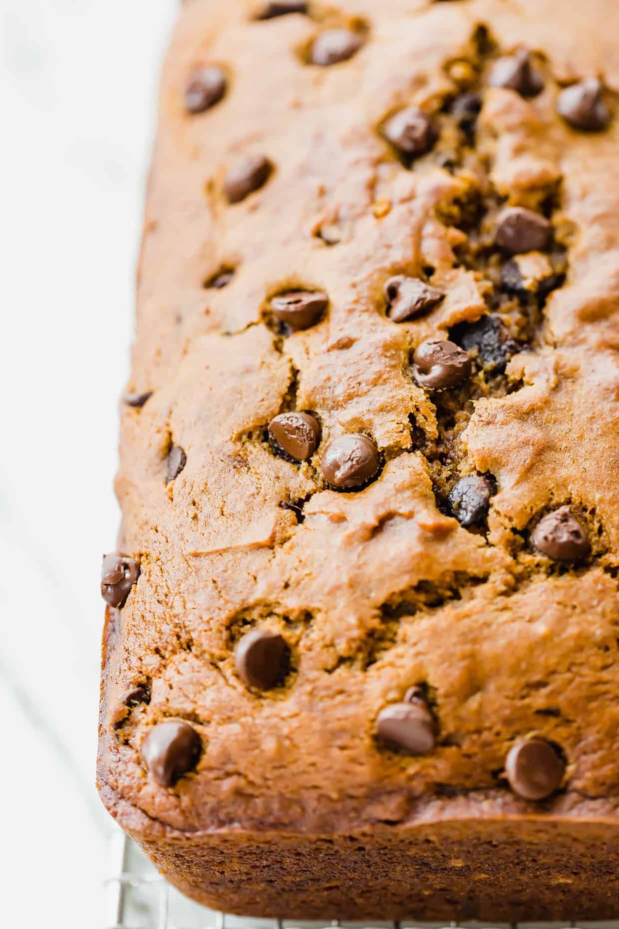 Close up of the top of a perfectly baked pumpkin chocolate chip bread loaf.