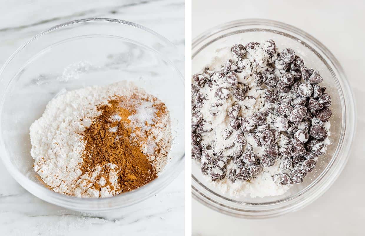 The left photo shows a glass bowl with the dry ingredients. Right photo is a glass bowl with flour and chocolate chips.