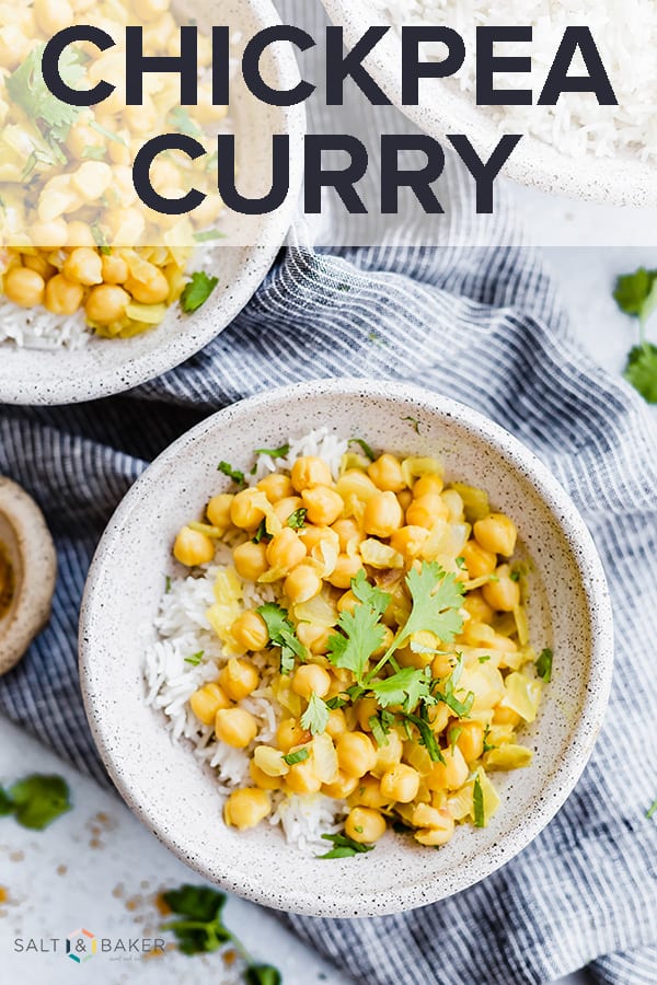 This Chickpea Curry recipe is full of that warm curry flavor. It has the perfect balance of sweetness and heat due to the honey and sriracha sauce. It's easy to prepare AND healthy! #saltandbaker #curry #indianfood #chickpeas #chickpeacurry #easydinner #30minutemeals