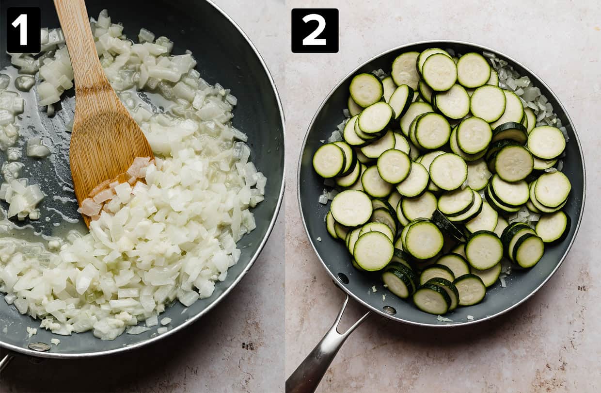 Two images showing how to make Pasta with Zucchini and Ricotta: left has cooked onions in a skillet, right image has zucchini coins in a skillet.