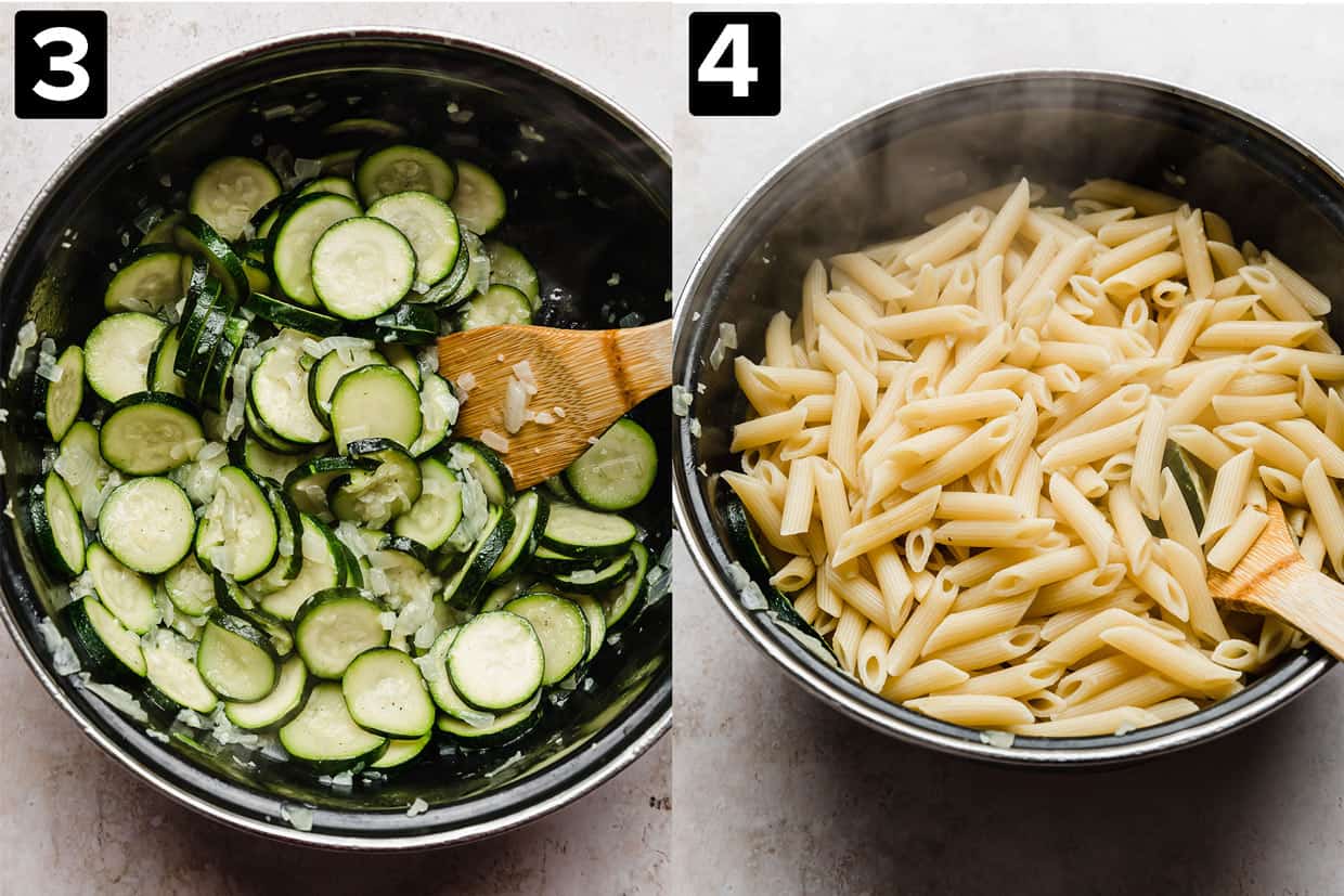Two photos side by side: left shows cooked zucchini in a pot, and cooked pasta added to the pot.