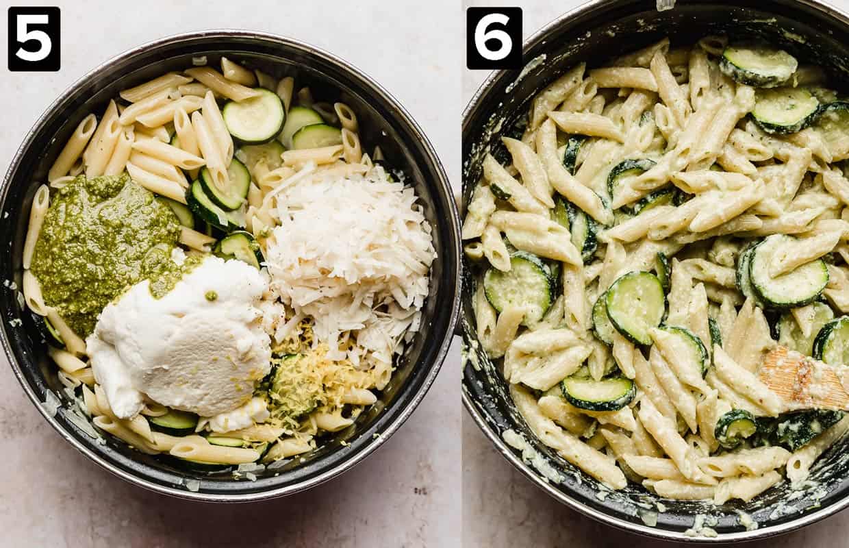 Two images side by side: left shows ricotta, pesto, and cheese over noodles, the right shows Pasta with Zucchini and Ricotta mixed together.