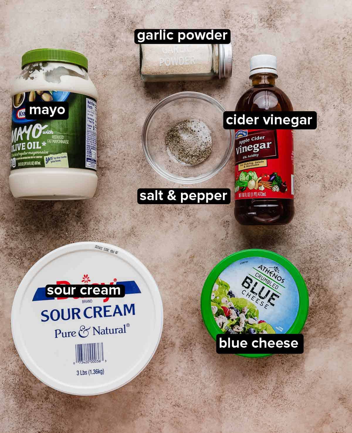 Blue cheese dressing ingredients (used to make a blue cheese sauce) to serve with Buffalo Chicken Bites.