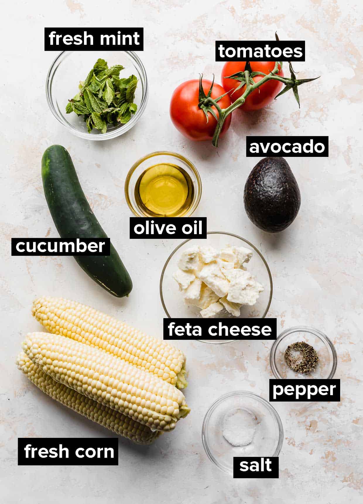 Ingredients used to make feta corn salad.