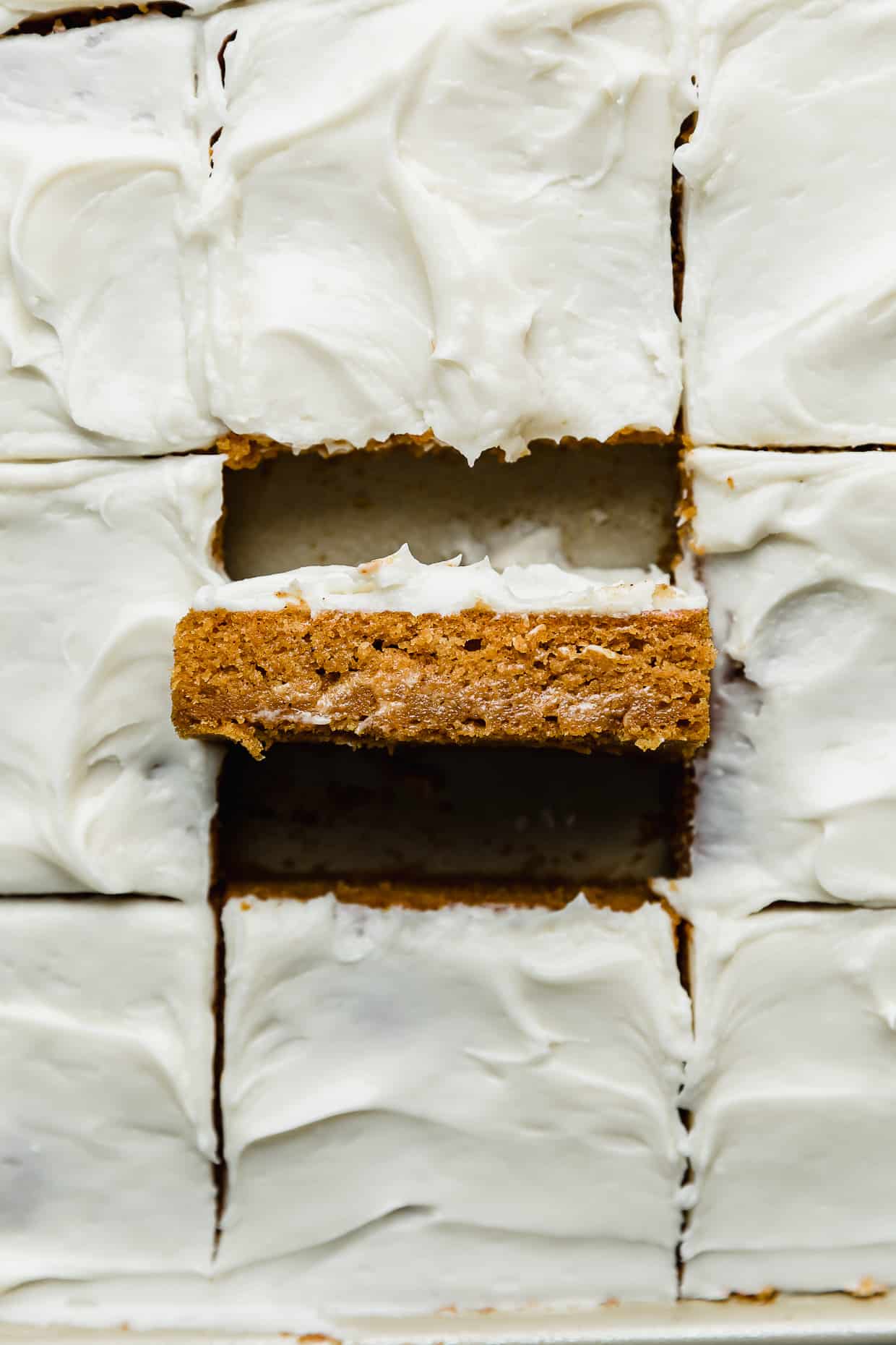 Libby's Pumpkin Bars with cream cheese frosting cut into large squares.