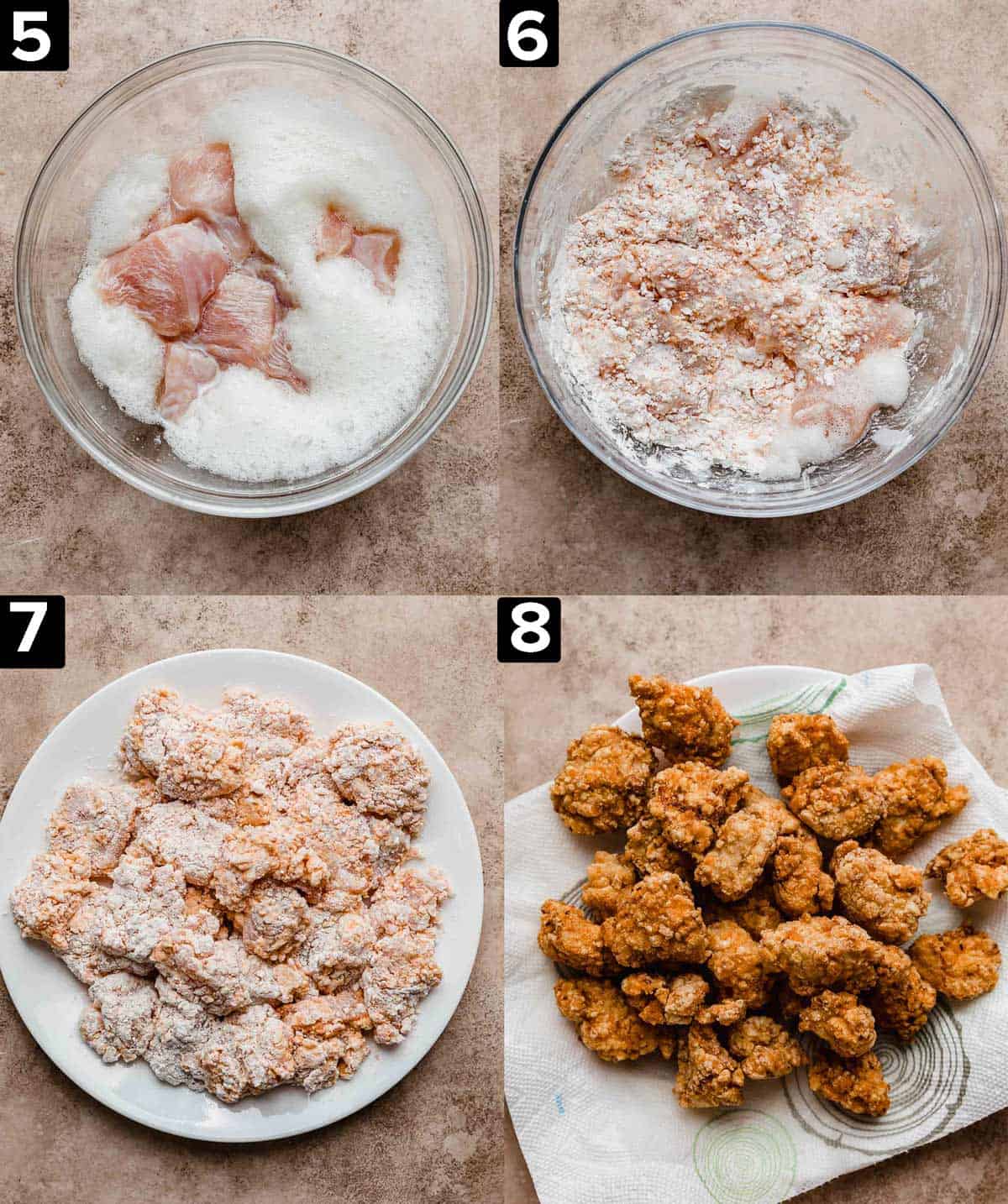 Four images showing raw chicken in egg whites, dredged in a flour mixture, then fried.