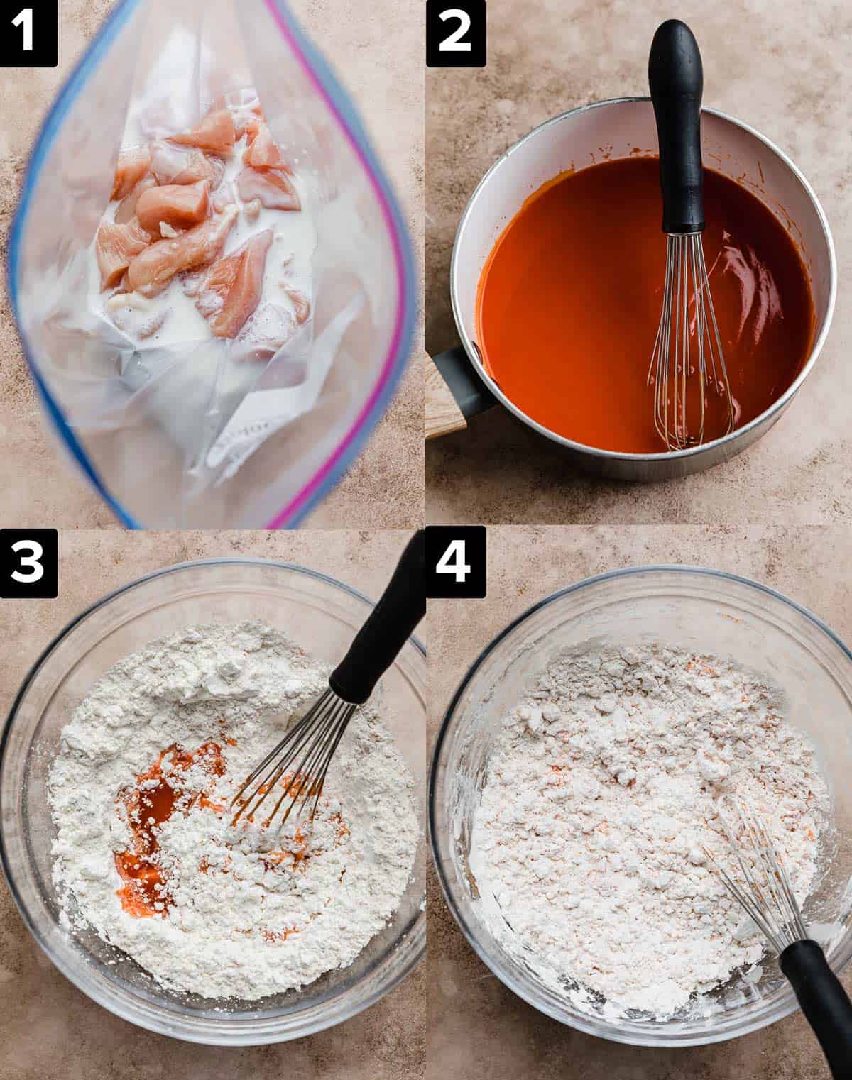 Top left photo: raw cubed chicken in a bag with buttermilk. Top right photo is hot sauce in a saucepan. Bottom left photo is hot sauce in a bowl of cornstarch. Bottom right photo a whisk stirring Buffalo Chicken Bites cornstarch mixture.