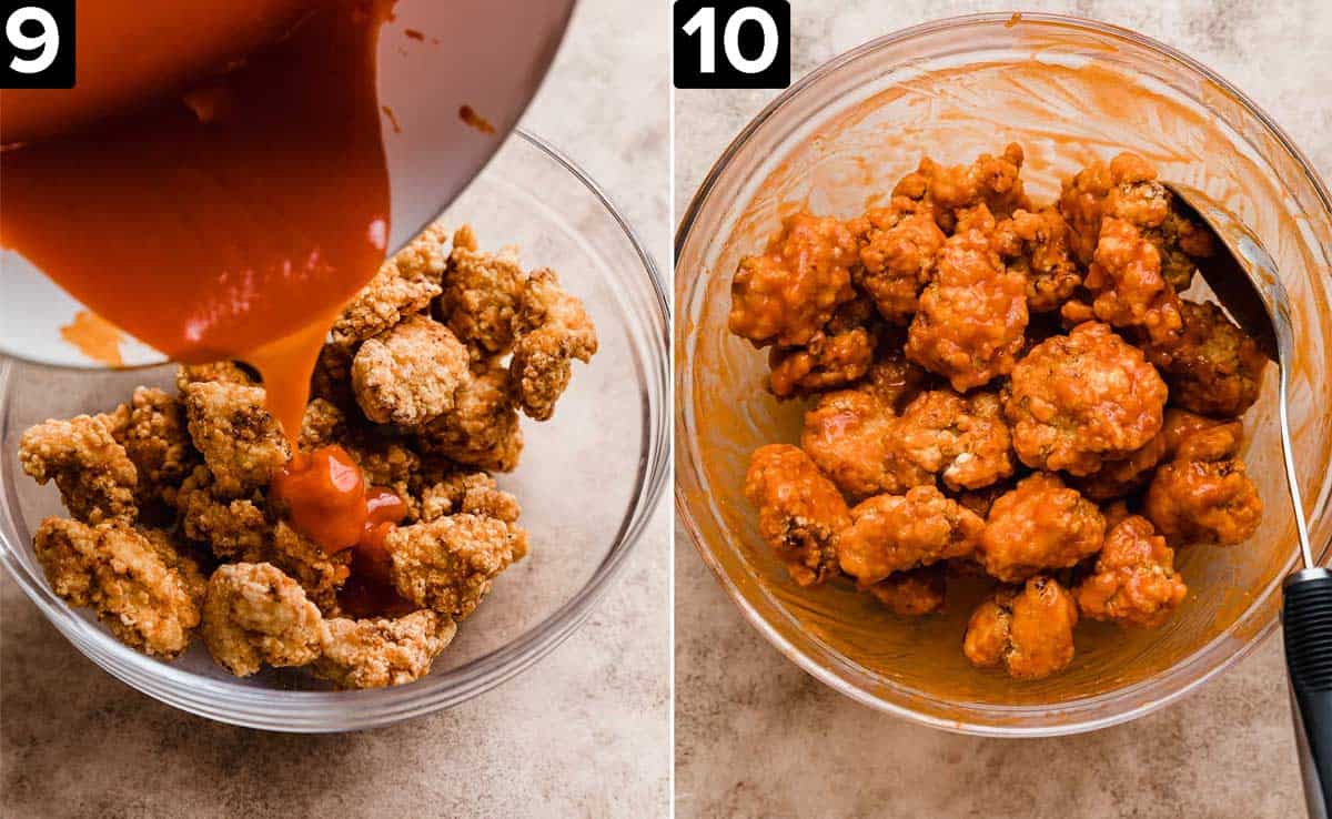 Left photo shows a red buffalo sauce being poured over fried chicken bites, right photo is Buffalo Chicken Bites in a glass bowl tossed with buffalo sauce.