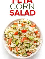 Overhead photo of Feta Corn Salad in a large bowl.