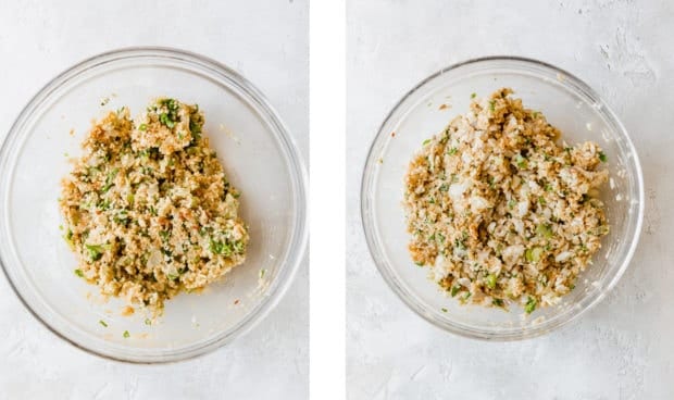 Tilapia cakes mixture with bread crumbs and egg, and tilapia flaked into the bowl.