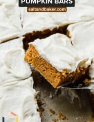 Pumpkin Bars recipe with cream cheese frosting with the words, "Pumpkin Bars" written in white text over the image.