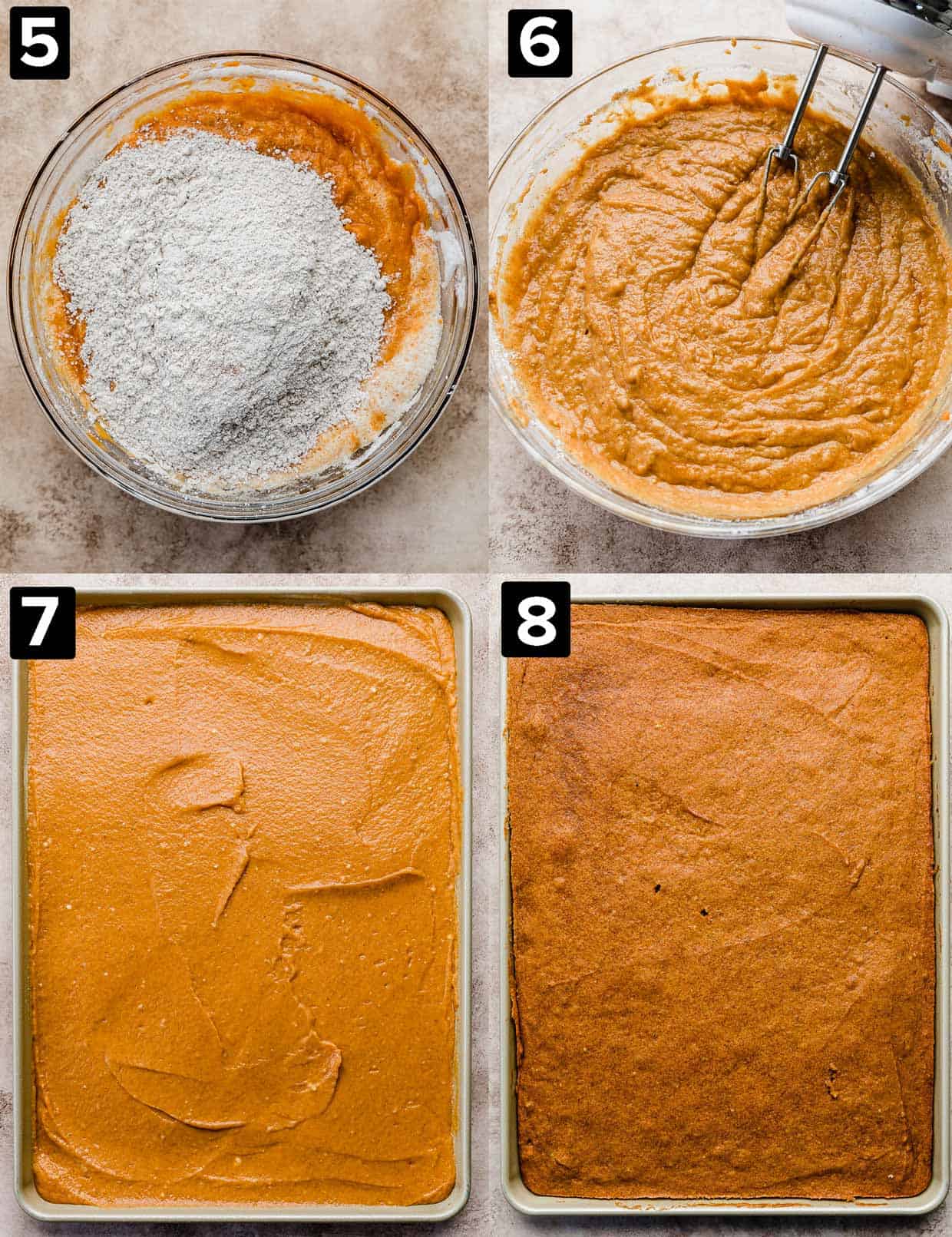 Four photo collage: top left dry ingredients in a glass bowl over pumpkin puree; top right photo is mixing pumpkin sheet cake batter in a bowl, bottom left is a sheet pan with batter in it, and bottom right is baked Pumpkin Bars.