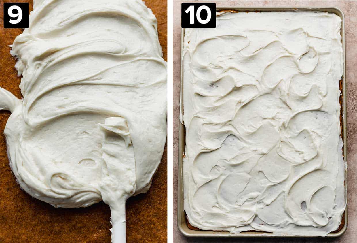 Two photos showing the making of pumpkin sheet cake: left photo cream cheese frosting is being spread on a pumpkin bars, right photo is overhead photo of Pumpkin Bars topped with cream cheese frosting.
