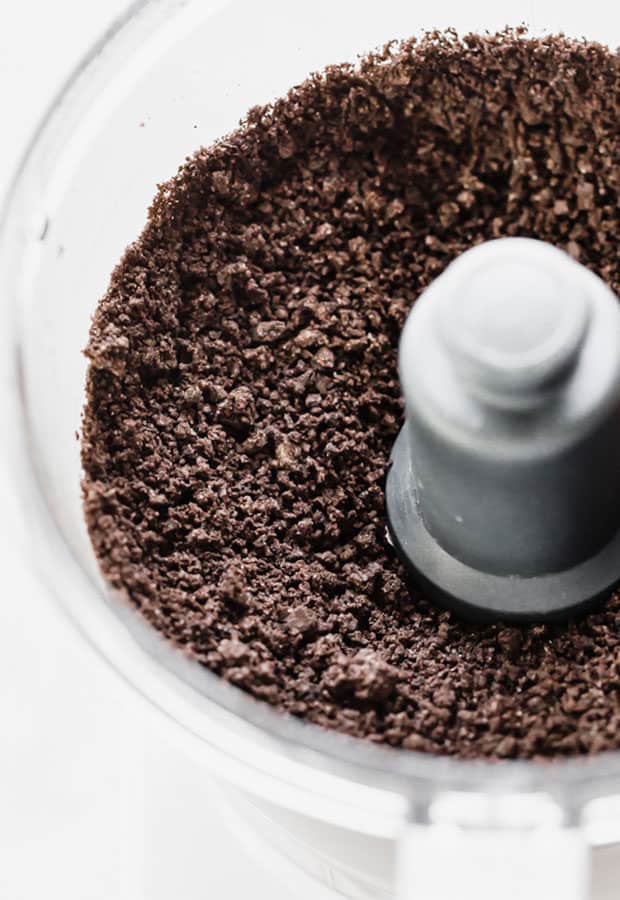 Oreo crumbs in a food processor.