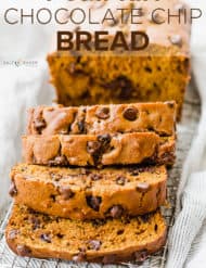 Pumpkin chocolate chip bread with 4 cut slices.