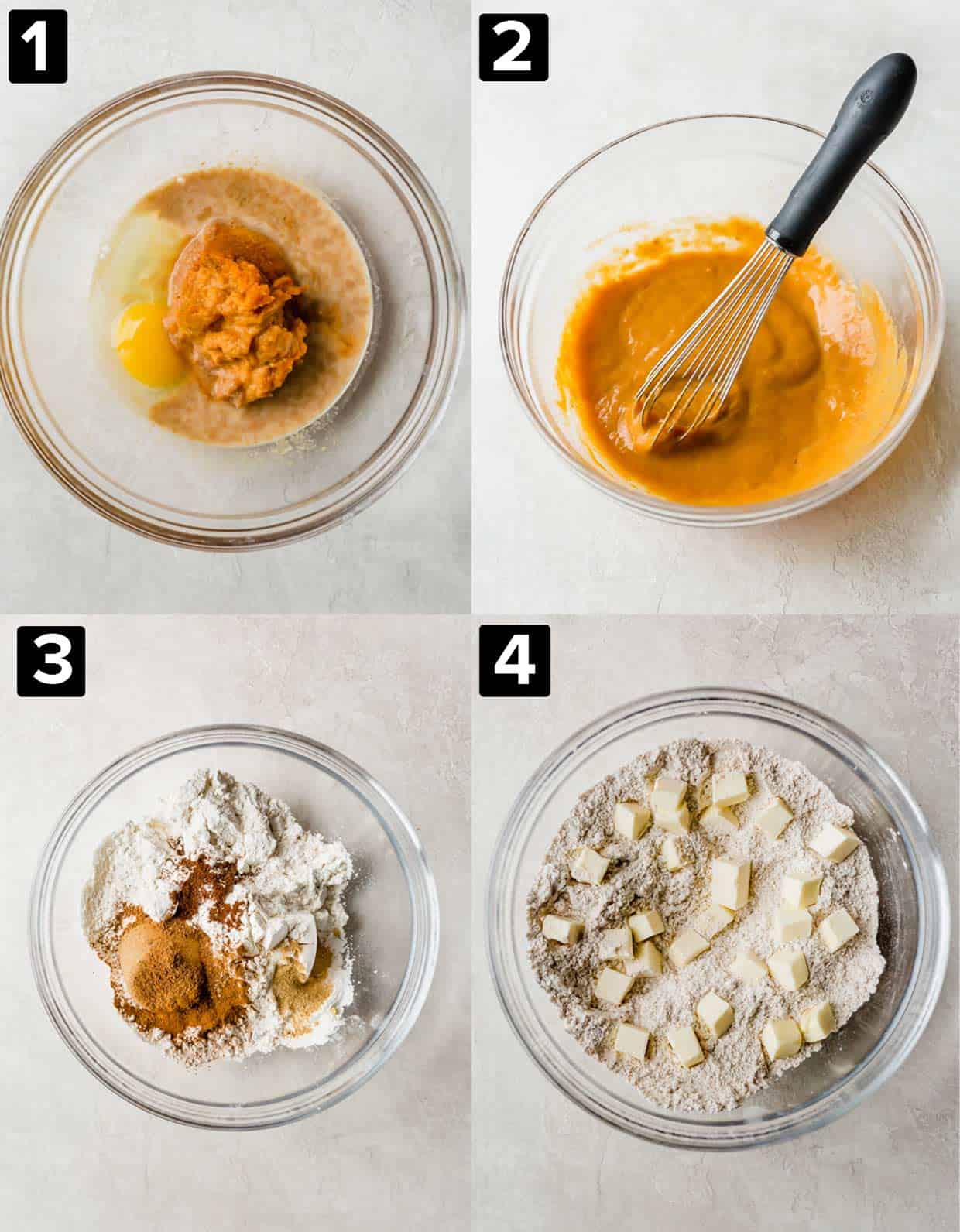 Four photo collage showing how to make pumpkin scones: glass bowl on a white background mixing wet ingredients, then dry ingredients.
