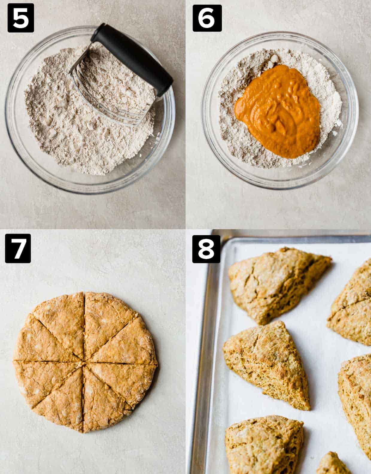 Four phot collage showing the making of Glazed Pumpkin Scones, dry ingredients in a glass bowl, pumpkin puree added, pumpkin scone batter in a circle and cut into eight triangles, and baked pumpkin scones on a baking sheet.