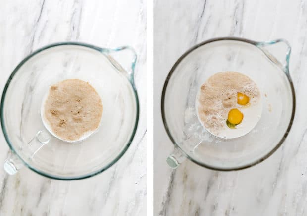 Yeast foaming in a glass bowl in preparation for making Belgian liege waffles.