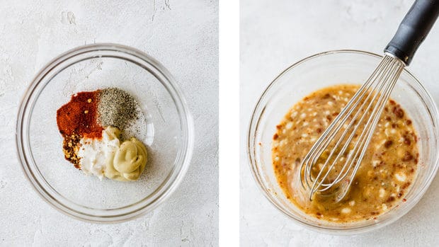 Two pictures illustrating the making of tilapia cakes; a glass bowl with the herbs and mayo being whisked. 