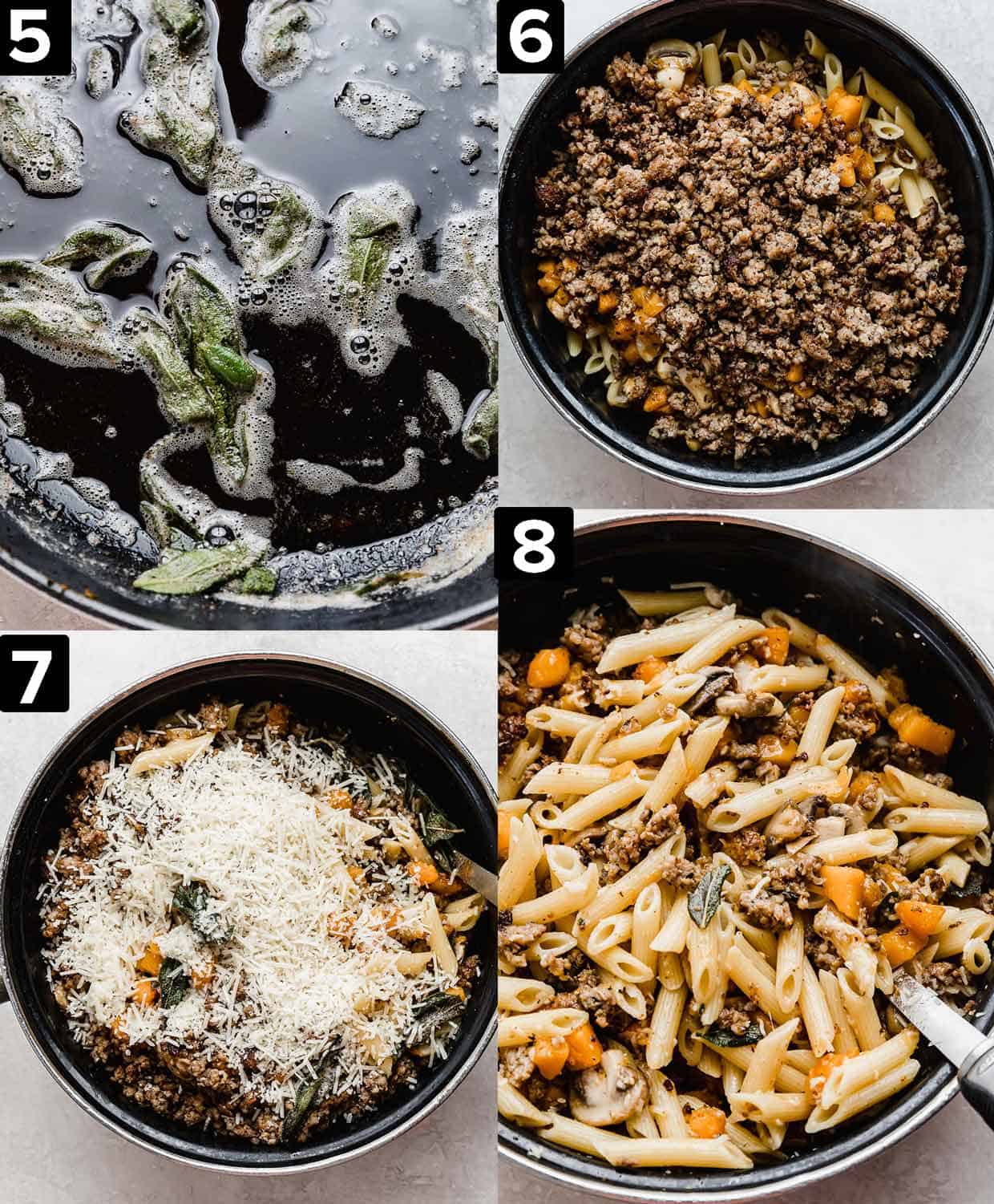 Four images: from top left to bottom right, sage leave in butter, Butternut Squash Mushroom Pasta in a bowl, Butternut Squash Mushroom Pasta topped with parmesan cheese, and Butternut Squash Mushroom Pasta stirred together.