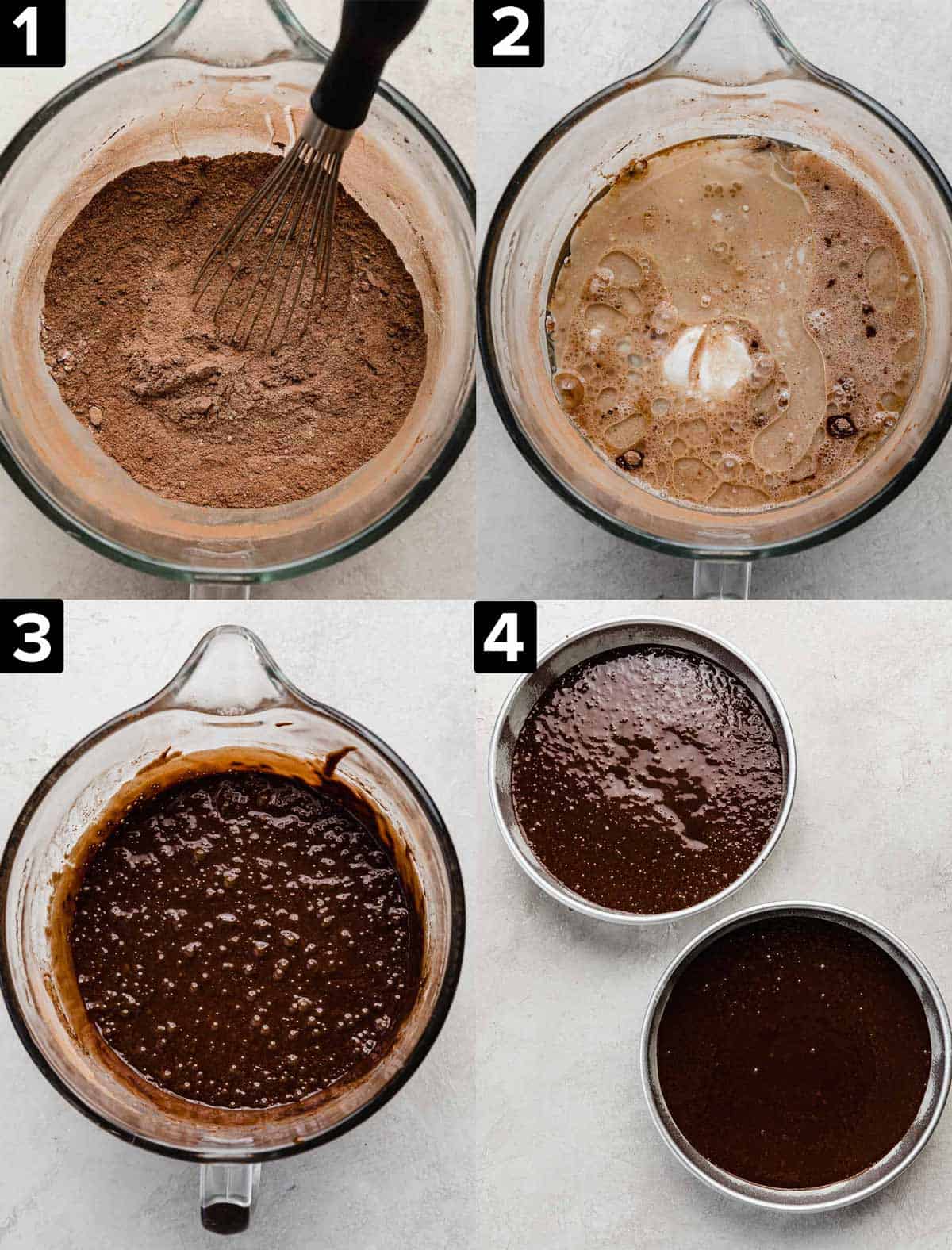 Four images showing the making of the best chocolate cake being made in a glass bowl.