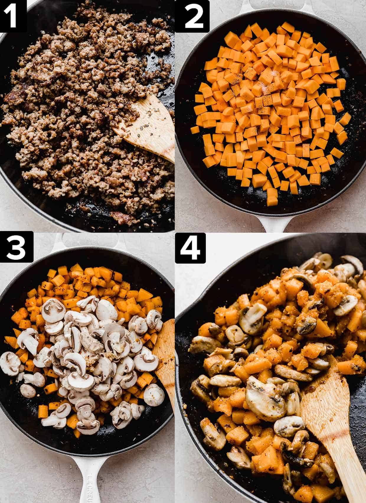 Four photos showing how to make Butternut Squash Mushroom Pasta with cooked sausage, in a black cast iron skillet.