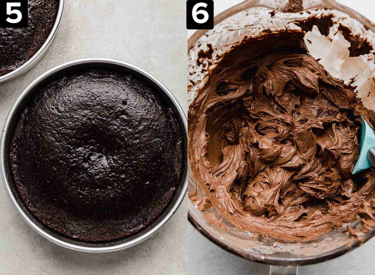 Two images: left image is a classic chocolate cake in a round cake pan, right image is chocolate cream cheese frosting in a glass bowl.