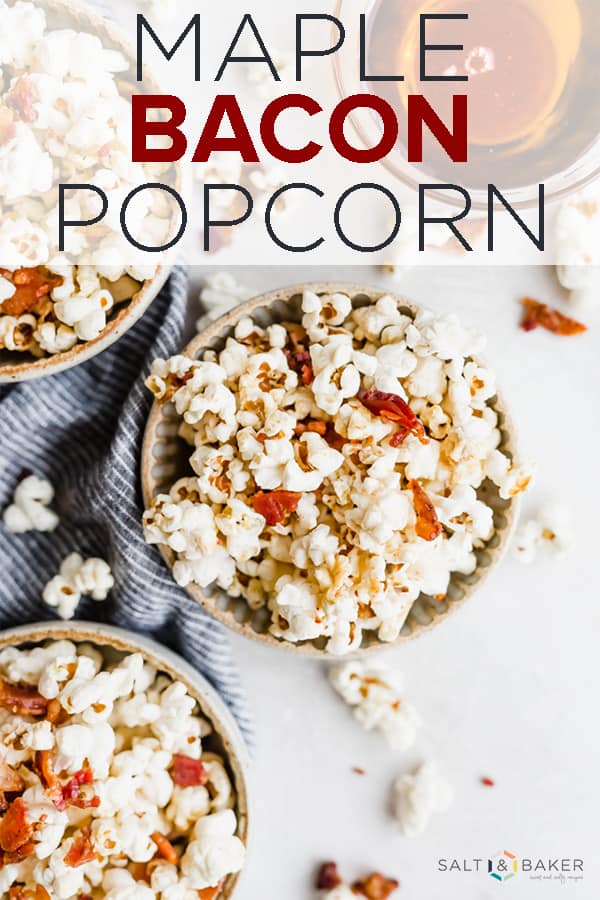 Maple Bacon Popcorn is the perfect sweet and salty snack. This stovetop popcorn is a delicious game day food! #saltandbaker #gameday #appetizer #fingerfood