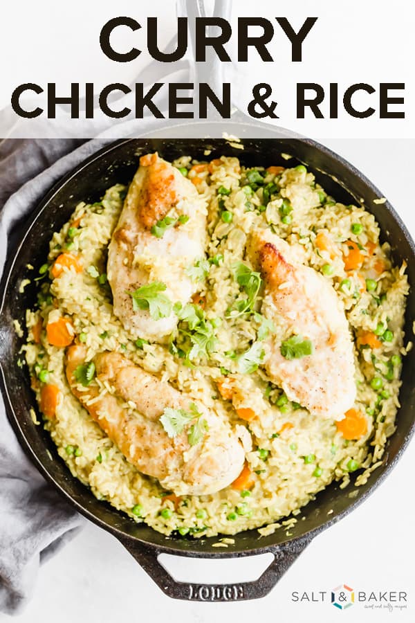 This ONE skillet Curry Chicken and Rice is an easy meal full of delicious curry flavor! It's a hearty meal that will feed a large family. This chicken curry recipe will become a family favorite. #saltandbaker #chickencurry #dinnerrecipes
