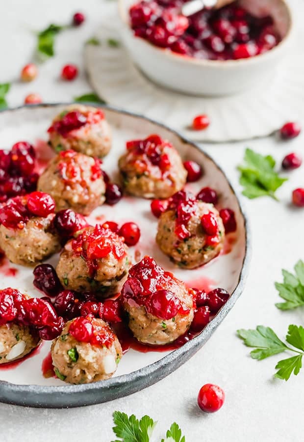 Turkey meatballs with cranberry chutney atop the meatballs.