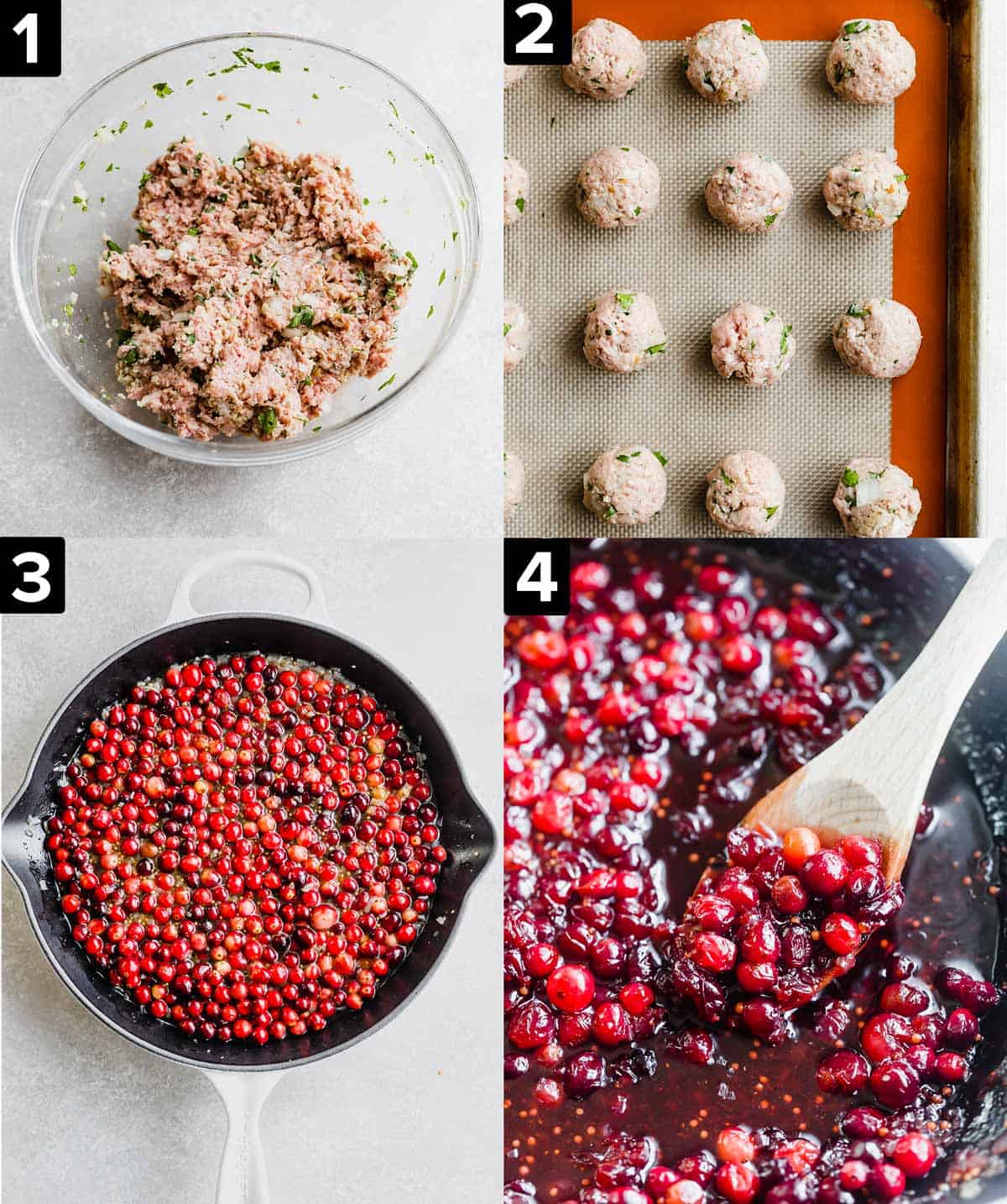 Four images showing how to make Cranberry Turkey Meatballs: top left has turkey meatballs ingredients in a bowl, top right is small turkey meatballs on baking sheet, bottom two photos are making cranberry chutney.