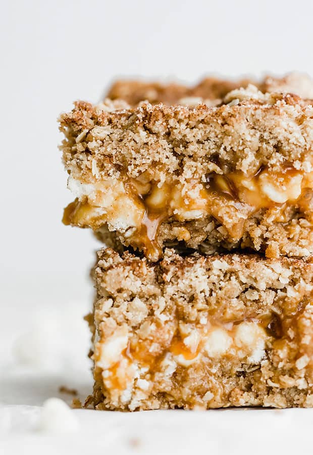 A close up photo of two cinnamon sugar caramelitas stack on top of each other. 